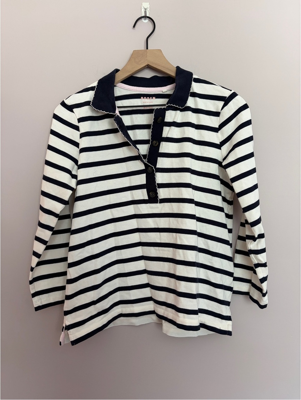 Boden Navy and White Striped Mariner Collared Henley Polo Size 6